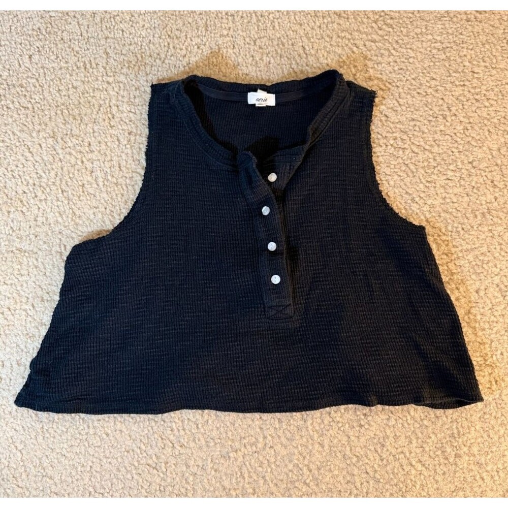 Aerie Women's Black Waffle Knit Henley Crop Tank Top Small